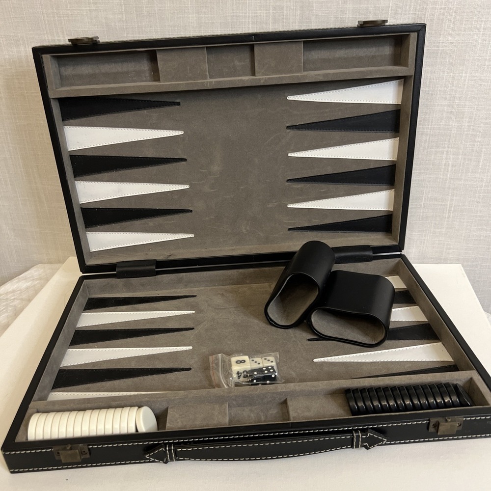 Vintage Backgammon Complete Set Gray Felt W/ Black & White Points And Stones